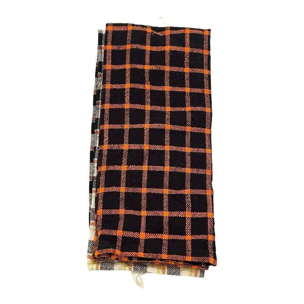 Let’s Party Pumpkin Halloween Kitchen Tea Towels (2) Black White Orange Plaid